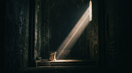 Dramatic shaft of light through darkness, mystery and contrast concept, minimal abstract scene, atmospheric shadows, cinematic depth, realistic detail, no logos