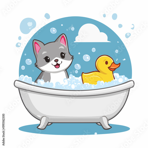 Cute Cat and Rubber Duck Enjoying a Bubble Bath