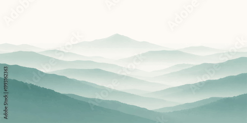 Blue green mountain landscape: misty layered hills soft gradient peaks serene nature scenic background minimalist view