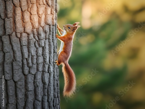 Squirrel climbing tree in peaceful forest