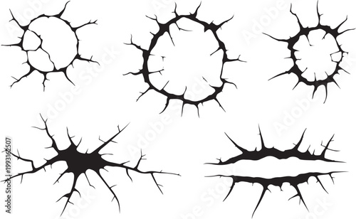 Five distinct black crack and broken surface elements showcasing impact and damage for graphic designs