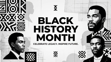 Black History Month horizontal banner in black and white with minimalist graphic elements, clean commemorative design background with bold modern layout, high contrast, no logos