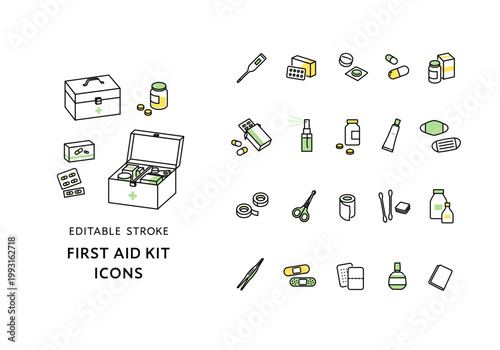 救急箱と常備薬のアイコンセット