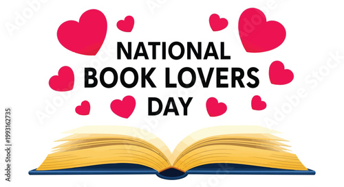 National book lovers day celebration with open book and pink hearts illustration