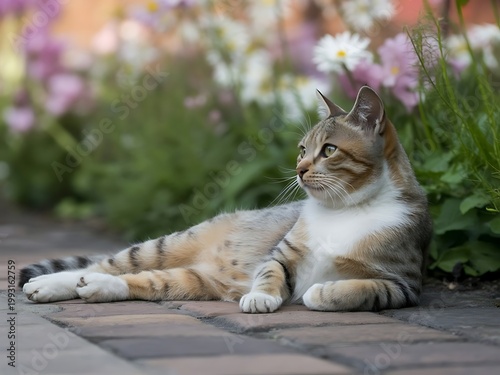 Cat resting peacefully in a flower garden