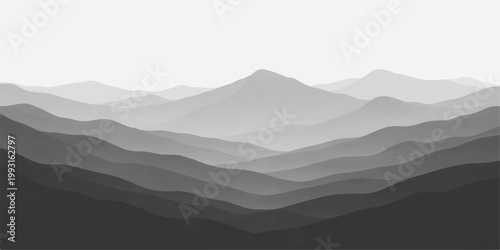 Black and white mountain landscape: layered hills silhouette misty peaks minimalist serene nature scenic background