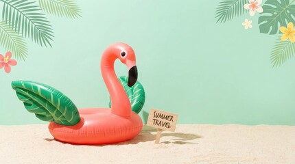 Pink flamingo inflatable with palm leaf wings on sandy beach, summer travel concept on mint green background with copy space, playful bright composition, no logos