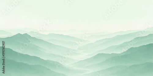 Green mountain landscape: misty layered hills soft gradient peaks serene nature scenic background minimalist view
