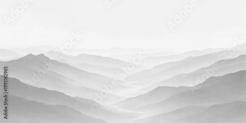 Black and white mountain landscape: misty layered hills soft fog peaks minimalist serene nature scenic background