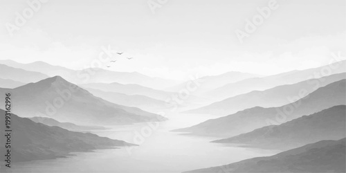 Black and white mountain landscape: misty lake valley layered hills soft fog serene nature scenic background