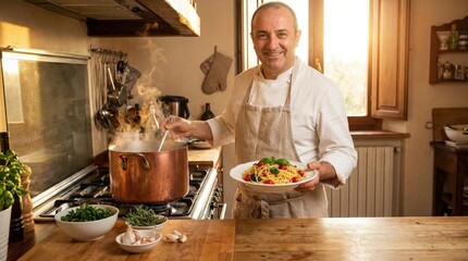 Chef presenting spaghetti and fresh herbs beside pot of boiling water, Italian cooking concept, kitchen preparation scene, warm culinary light, realistic detail, no logos