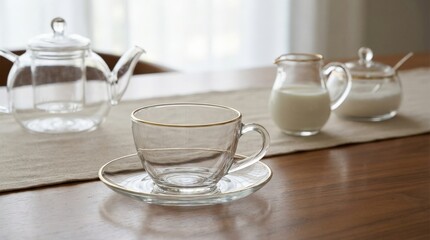 Clear glass tea cup with gold rim on saucer, elegant tea service still life with refined minimal styling and soft reflections, realistic detail, no logos