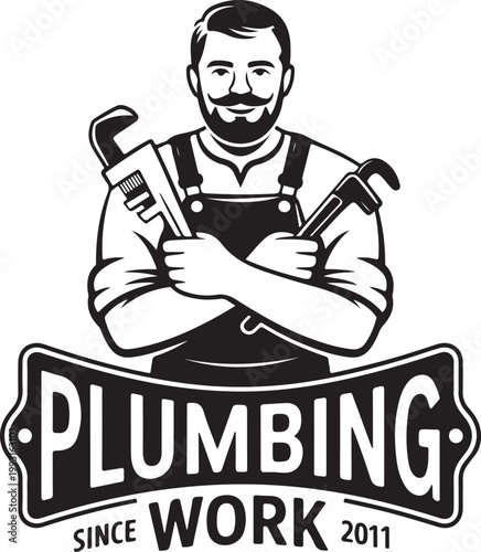 Retro style generic plumber logo featuring a smiling worker with wrenches and professional business text