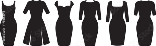 Series of generic modern black dress silhouettes displaying different cuts and styles for fashion design resources