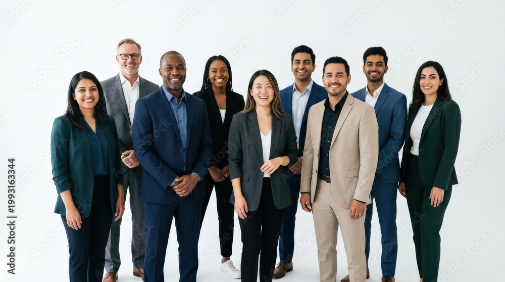 Fototapeta premium Ethnically diverse successful business team on a white background, professional corporate group portrait with confident expressions, clean studio lighting, realistic detail, no logos