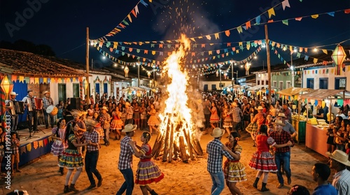 June festival with bonfire and people celebrating in a decorated square at night.