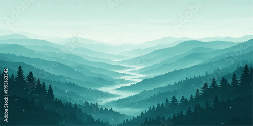 Blue green mountain landscape: misty layered hills forest valley serene nature scenic background minimalist view