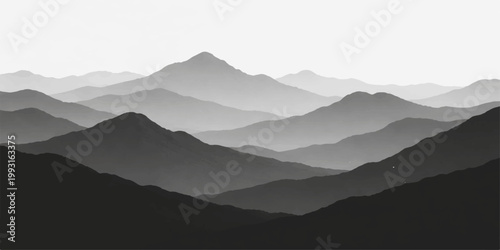 Black and white mountain landscape: layered hills silhouette misty peaks minimalist nature scenic background