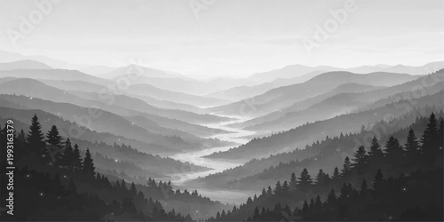 Black and white mountain landscape: misty hills forest valley layered mountains serene nature foggy scenic background