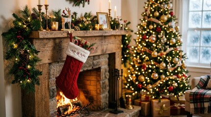 Red Christmas stocking hanging on warm fireplace mantle with blurred tree lights, cozy holiday decor, festive home interior, soft bokeh, realistic detail, no logos