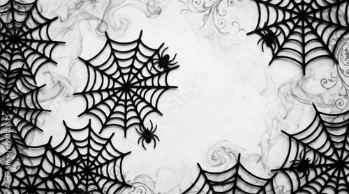 A set of black and white spider web silhouettes with tiny spiders, isolated Halloween design elements on a clean backdrop with eerie decorative detail, ultra-realistic, no logos.
