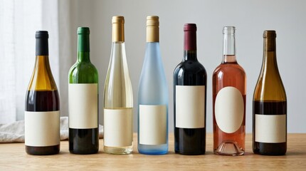 Wine bottles in different colors and shapes with blank labels, beverage packaging mockup, branding-ready product display, clean studio setup, elegant glass forms, bright lighting, realistic detail, no