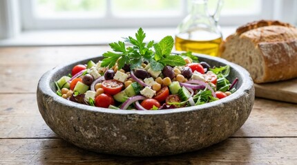 Healthy Mediterranean salad in stone bowl, fresh vegetables and herbs, colorful nutritious meal, rustic food styling, natural light, no logos