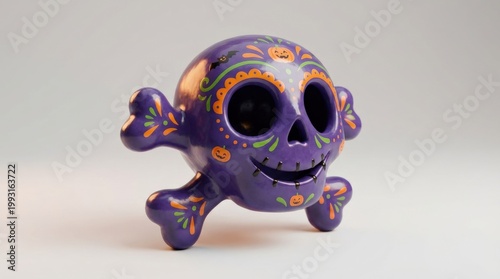 A cute violet Halloween skull with crossbones on a clean backdrop, playful spooky charm, smooth rounded details and bright festive character energy, ultra-realistic, no logos.