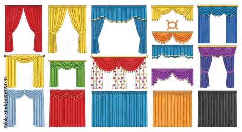 Collection of colorful window treatments and decorative curtain designs