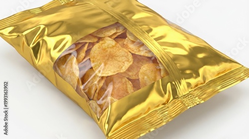 Golden bag of crispy potato chips isolated on a white background, glossy crinkled foil texture, appetizing snack styling, bright commercial studio lighting, ultra-realistic, no logos.