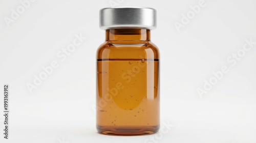 Amber glass vial with a silver cap isolated on a white background, tiny bubbles in liquid, clean pharmaceutical packaging aesthetic, ultra-realistic, no logos.