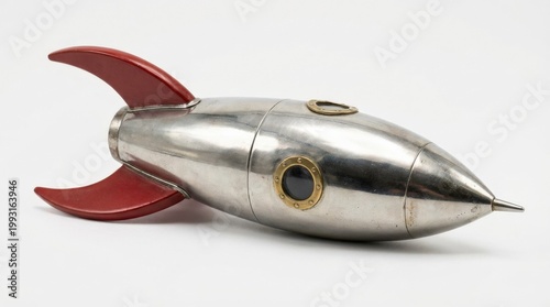 Retro rocket ship isolated on a white background, silver body with red fins, nostalgic toy-space charm, polished vintage styling, ultra-realistic, no logos.