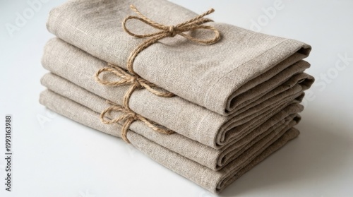 Folded beige linen napkins tied with twine isolated on a white background, soft rustic fabric texture, elegant kitchen table-setting mood, ultra-realistic, no logos.