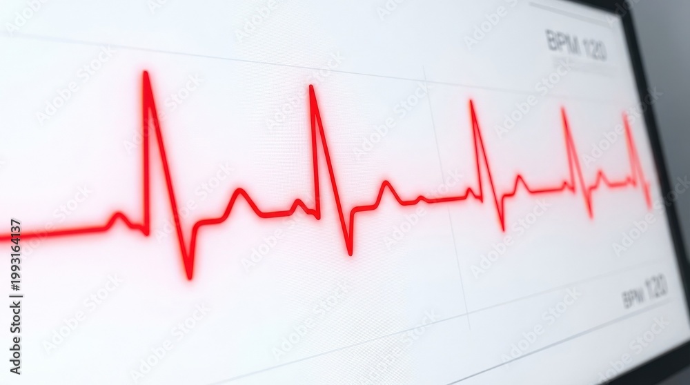 Fototapeta premium Red heartbeat line isolated on a white background, sharp medical pulse trace, clean healthcare emergency graphic style, ultra-realistic, no logos.