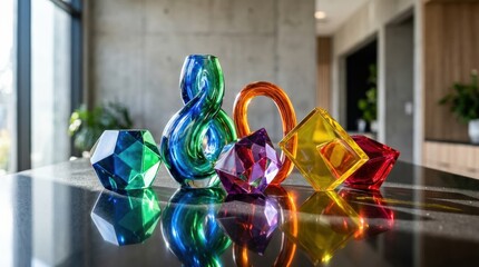 Colorful glass shapes with vibrant reflections, abstract still life composition with luminous surfaces and modern design energy, realistic detail, no logos