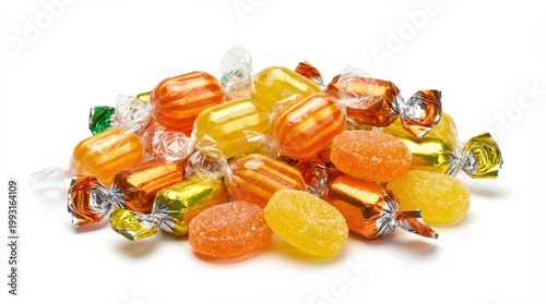 Orange and yellow wrapped candy isolated on a white background, glossy sweet confection texture, cheerful festive treat mood, ultra-realistic, no logos.