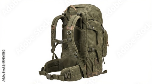 Olive green outdoor backpack isolated on a white background, durable fabric, detailed straps and utility pockets, rugged adventure gear mood, ultra-realistic, no logos.
