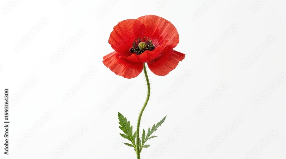Obraz premium A single vibrant red poppy on a white background displays delicate petals and graceful stem detail, ideal for solemn remembrance and commemorative floral design, ultra-realistic, no logos.