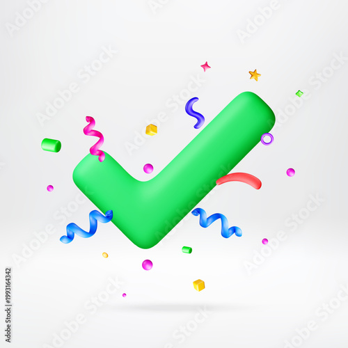 3D Green check mark symbol with colorful confetti. Tick or confirm icon for business approval, success validation and task completion. Celebration of positive result. Vector illustration