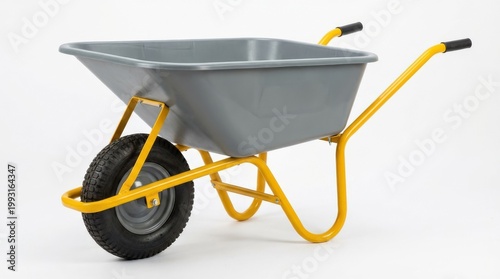 Garden wheelbarrow with a yellow frame and gray tub isolated, sturdy outdoor utility tool, clean landscaping equipment styling, ultra-realistic, no logos.