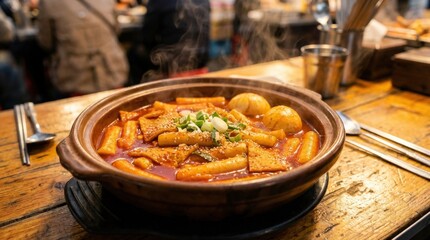 Spicy Korean rice cakes with steam rising, traditional tteokbokki dish close up with rich sauce and appetizing heat, authentic street food feel, warm light, realistic food detail, no logos