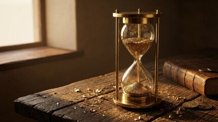 Conceptual hourglass with sparkling gold dust on textured surface, luxury time and value concept with elegant glow and dramatic still life styling, realistic detail, no logos