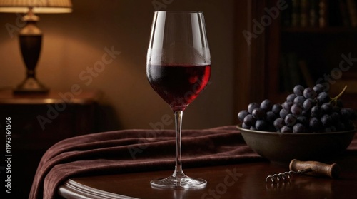 Red wine in a tall elegant stemmed glass, rich ruby tones and refined still-life composition, luxurious beverage mood, ultra-realistic, no logos.