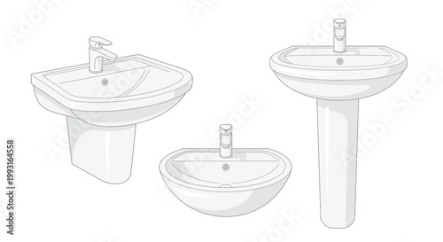 Line drawing of three different bathroom sinks in varying styles