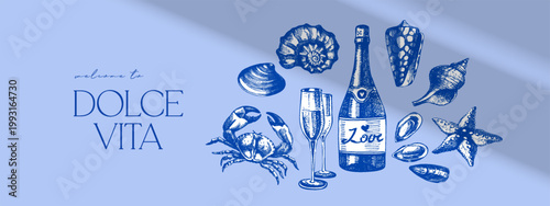 Hand drawn sketch tropical poster with wina and seafood. Dolce vita summer vibe. Vintage summer Italy Mediterranean coastal vacation banner. Vector illustration