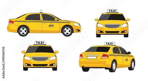 Illustration of yellow taxis in various perspectives and orientations