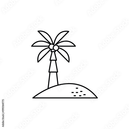 Tropical island line icon with palm tree and sand for exotic beach vacation, honeymoon destinations, and summer holiday resort advertising