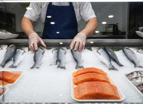 Fishmonger arranging fresh fish on ice display in market. Man working at food counter in supermarket. Seafood store sale, healthy nutrition product, fresh catch, culinary professional.