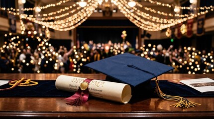 Graduation cap and diploma with festive bokeh lights, academic achievement and celebration concept, elegant ceremony atmosphere, realistic detail, no logos
