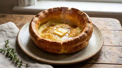 Freshly baked Yorkshire pudding served warm on a plate, golden brown traditional side dish with crisp edges and inviting homemade food styling, realistic detail, no logos